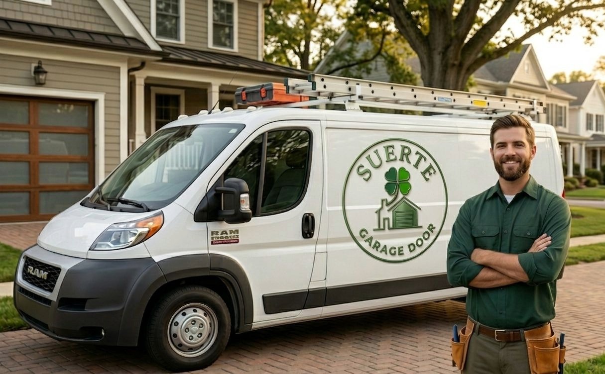 Suerte Garage Door certified technician standing next to a fully branded service van